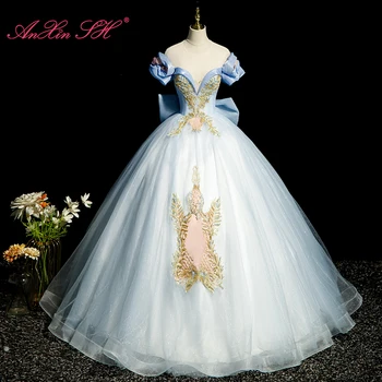 AnXin SH printesa floare trandafir albastru dantelă iluzie o de gât sclipitoare funda mare ștrasuri din mărgele de cristal volane minge rochie de mireasa rochie de seara
