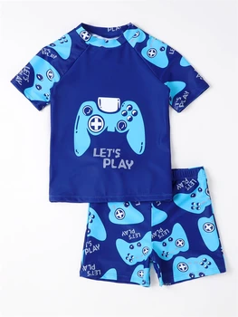 Băiatul de costume de Baie 2023 Nou Albastru de Imprimare Mâneci Scurte pentru Copii Costume de baie din Două Piese de Vară pentru Copii pantaloni Scurți de Uzură Plajă de Înot Costum de Baie