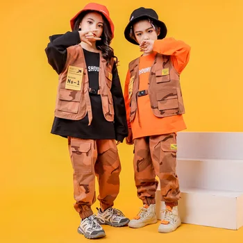 Băieți și Fete de Jazz, Hip-Hop, Dans costume Portocaliu de camuflaj Costume Copii Adulți Partid Modern Show Îmbrăcăminte Vesta Hanorace Pantaloni seturi