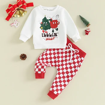 Copilul copil Băiat Fată Costum de Crăciun Scrisoare de Imprimare Tricou Maneca Lunga Tablă de șah Pantaloni Lungi Set Infant 2 buc Haine