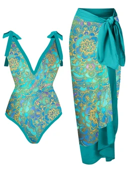 Femei Albastru Și Aur de Arta Imprimate V-gât Strâmt Dantela-up Fluture Arc de Moda Noua-O singură Bucată de costume de Baie Și Acoperă Vara 2023