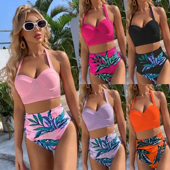 Frunze Florale Set De Bikini Femei Fara Spate Talie Inalta Două Piese De Costume De Baie 2022 Plaja Costume De Baie Costume De Baie