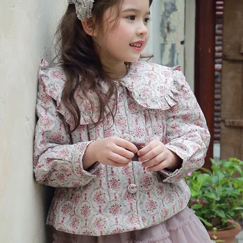 Haine De Toamna Noi Coreea De Copii Haine De Fată Retro Floare De Bumbac Culoare Clip De Bumbac Subțire Strat Rândul Său, În Jos Guler Dulce