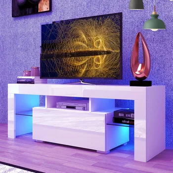 Modern Stand TV Cu Depozitare Sertar si Raft de Sticla pentru Living, Dormitor, Mobilier pentru Casa Albă Cabinet Masă Standuri