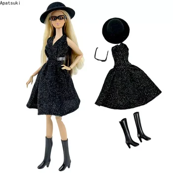 Negru Cu Sclipici Costume De Moda Pentru Papusa Barbie Haine Rochie Set Ochelari, Pălărie, Cizme Pantofi 1/6 Păpuși Accesorii Copii Jucarii