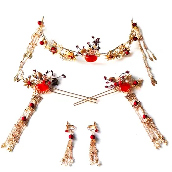 Parul Set de Bijuterii pentru Femei de Aur și Roșu Ciucure Lung Aliaj Frizură pentru Asocierea cu Hanfu Haine Stil