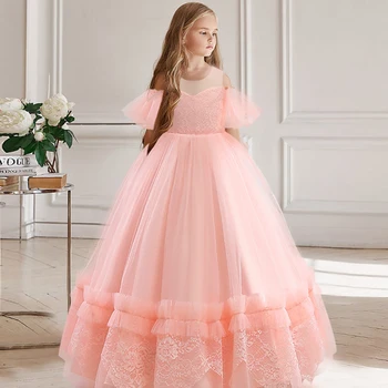 Roz Concurs De Prințesă Fata Partid Dress Pentru Copii Prima Domnișoară De Onoare Costum Cu Maneci Scurte Din Dantela De Mireasa De Bal Rochie De Seara Vestido